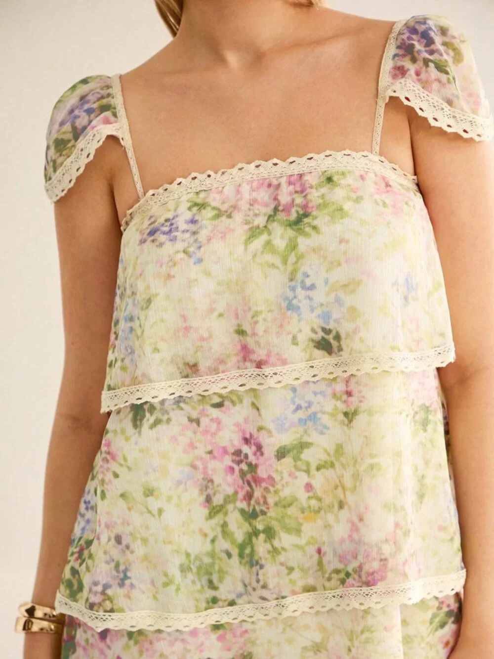 Multicolor Boho Women's Floral Print Lace Patchwork Lace Trim Ruffle Mini Dress - Picture 7 of 7